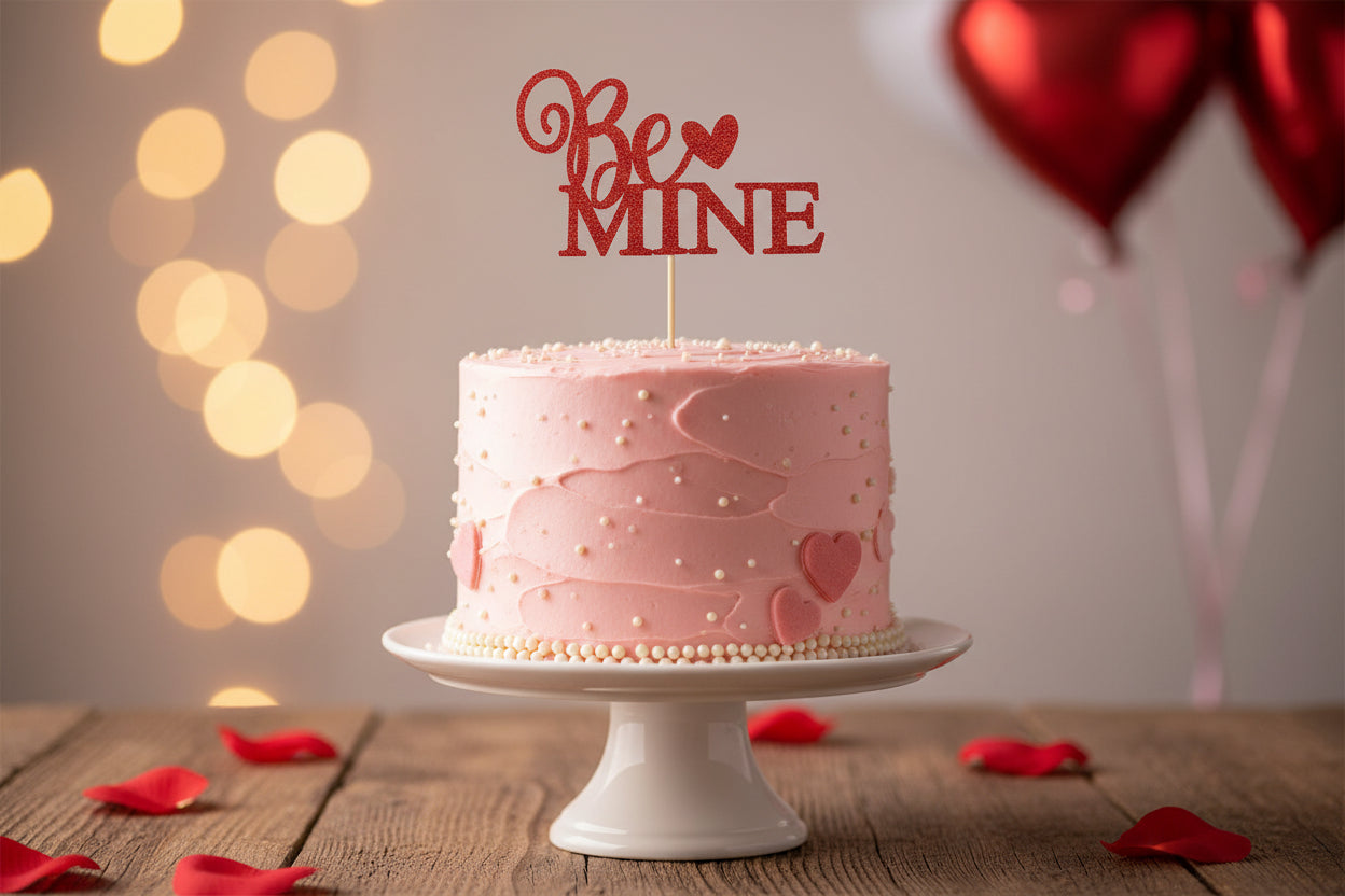 5 pcs Red “Be Mine” Glitter Cake Toppers – Valentine’s Day Special