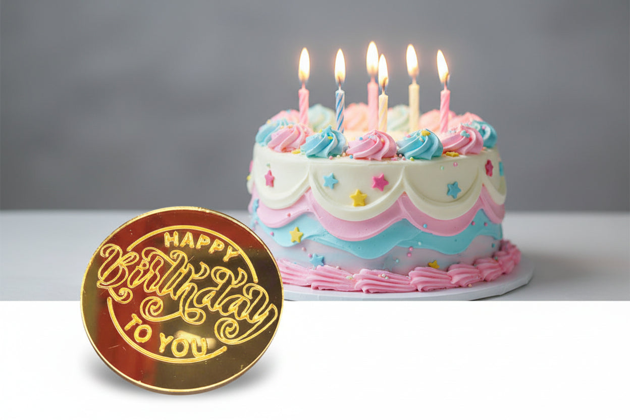 5 pcs Round Acrylic Cake Coins – “Happy Birthday To You” Topper