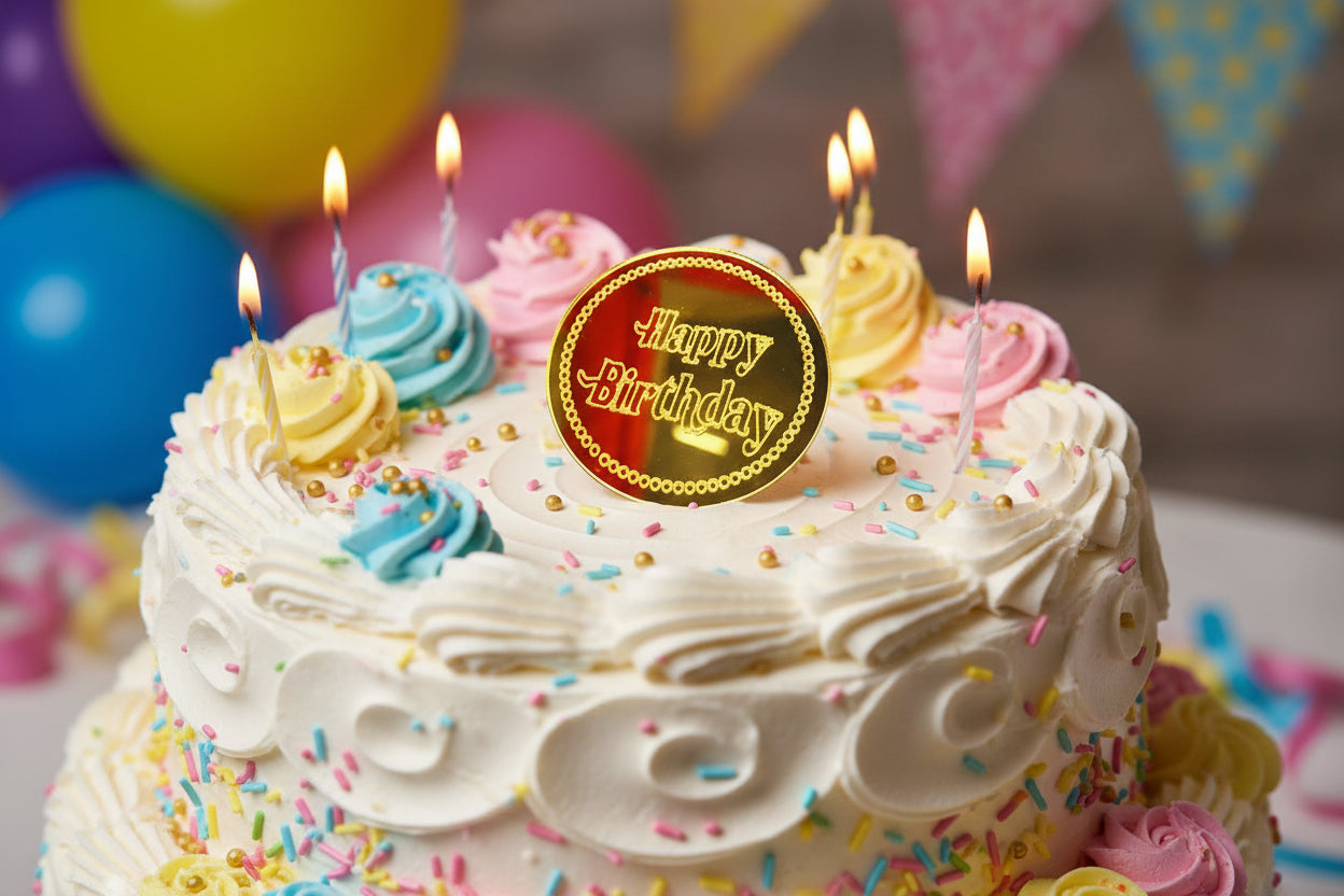 Happy Birthday Acrylic Coin Cake Topper – Round | 5 Pcs Set