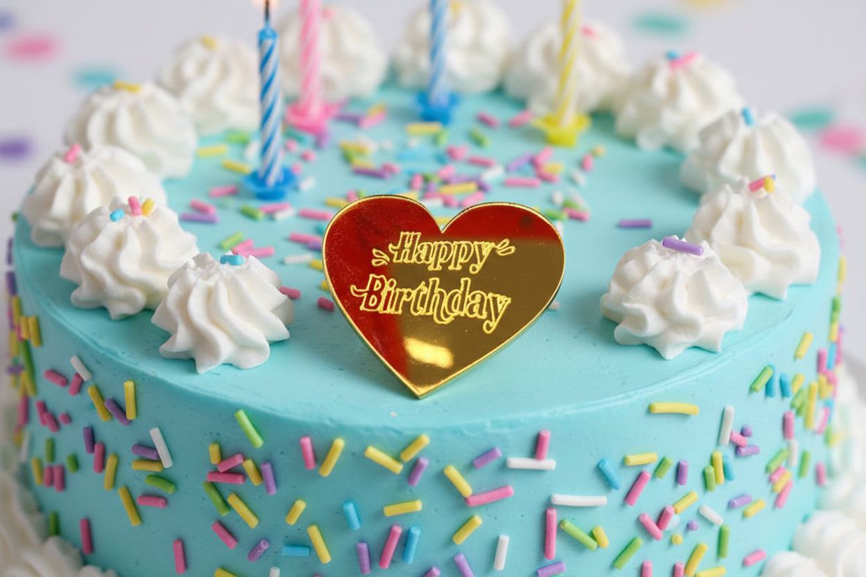 5 Pc Acrylic Coin Happy Birthday Heart Cake Topper – Golden Finish