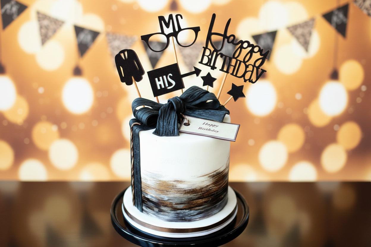 Black Glitter Cake Topper Set | Birthday & Theme Cake Decoration Topper