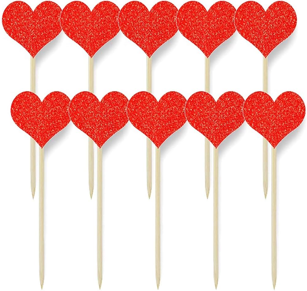 Mini Red Heart Glitter Cake Topper (10 pcs) – Valentine’s Day Special Cake Decoration