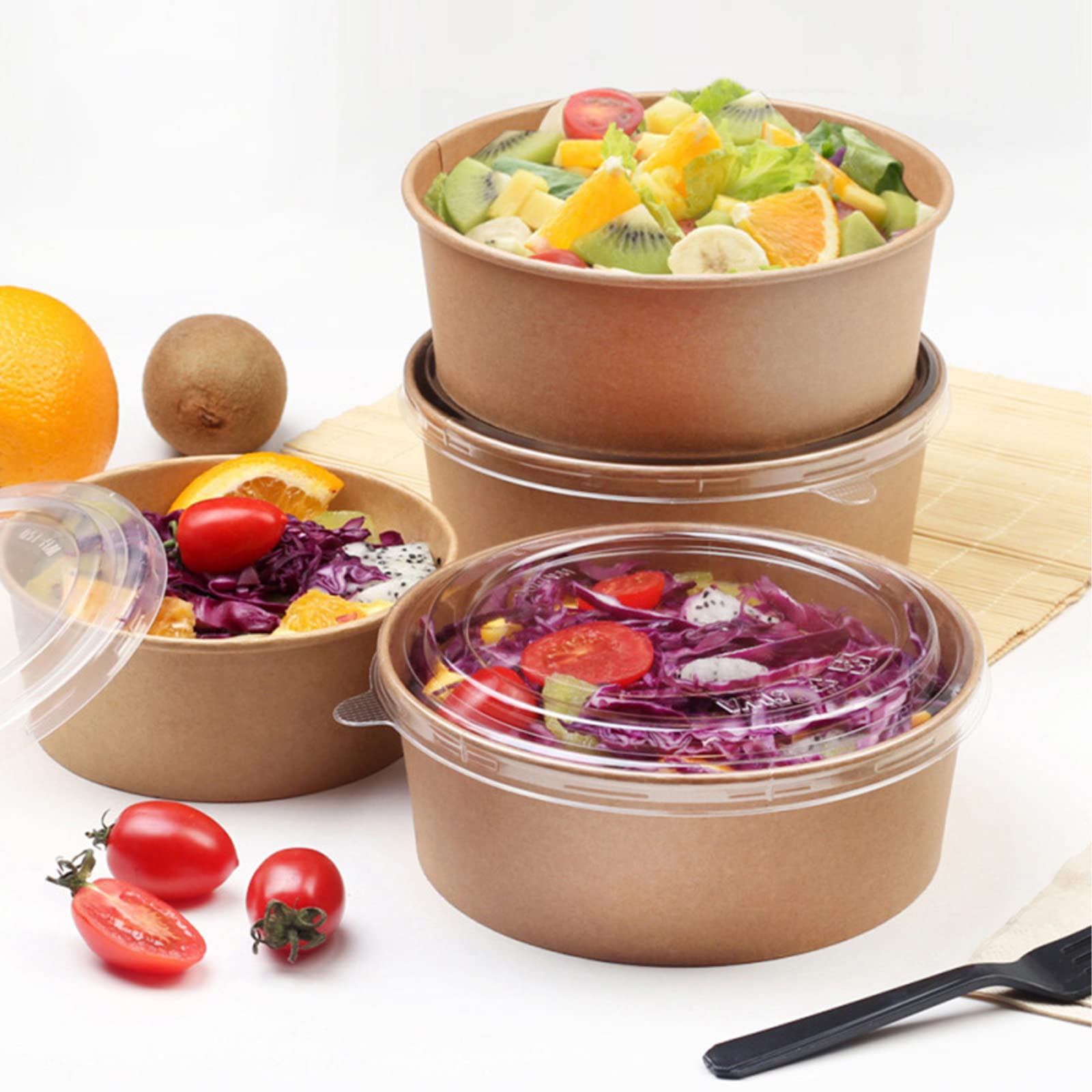 500ml Kraft Paper Food Tub with Transparent Lid | Disposable Salad Bowl | Pack of 10