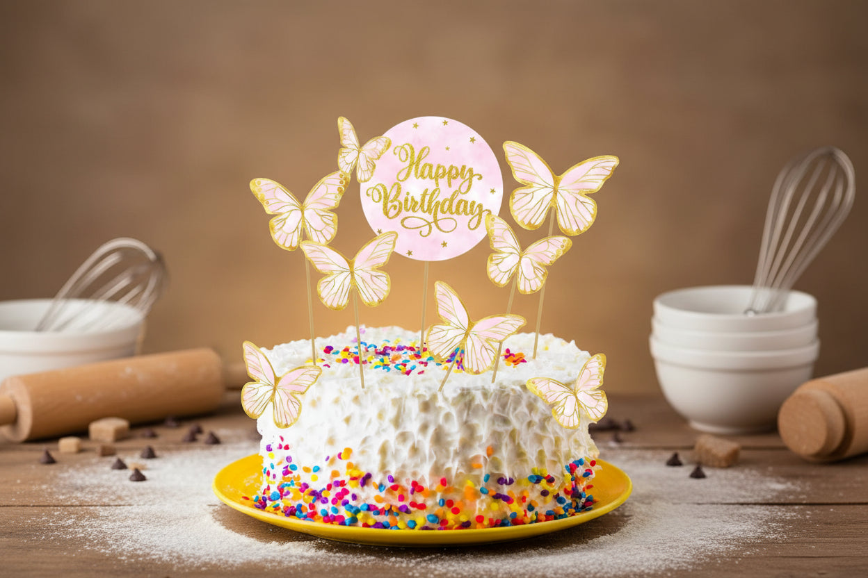 6-Piece Pink Butterfly Birthday Cake Topper – 1 “Happy Birthday” Topper Set