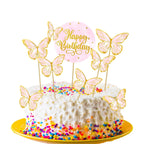 6-Piece Pink Butterfly Birthday Cake Topper – 1 “Happy Birthday” Topper Set