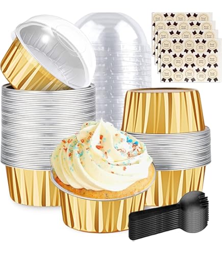 10 Pcs Round Golden Bakestable Foil Cup with Lid | 6.7 × 3.5 cm Baking & Dessert Cups