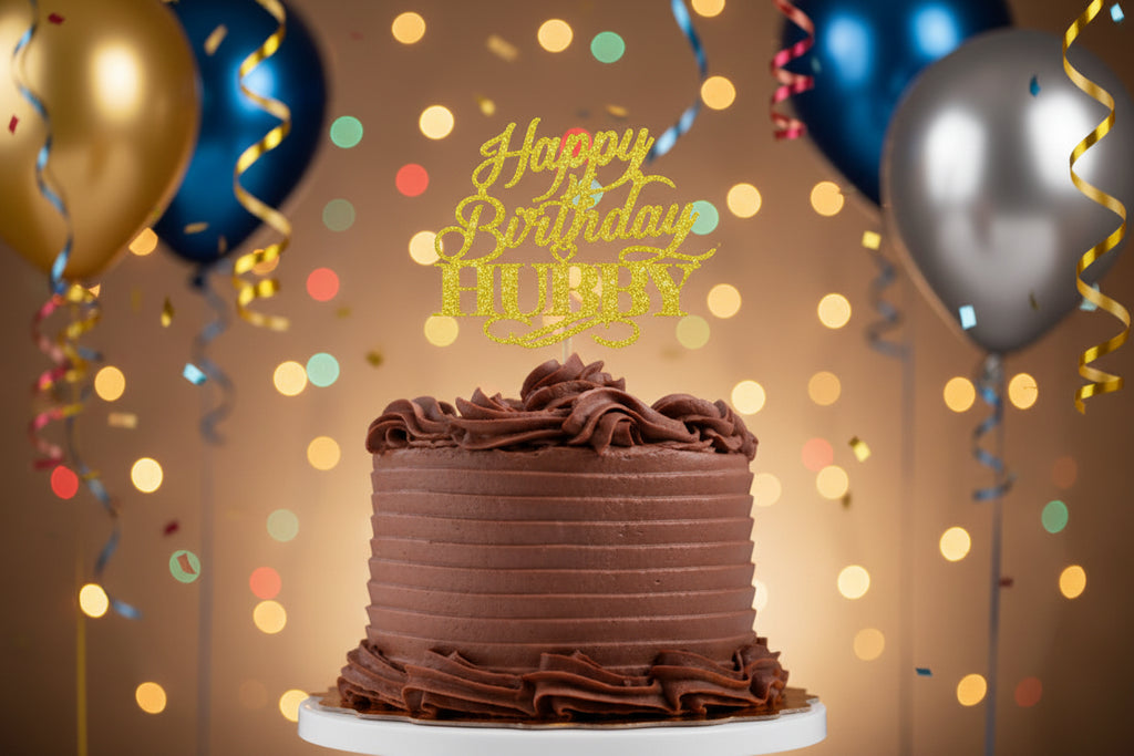 Happy Birthday Hubby P6 Glitter Cake Topper – Golden | Premium Party Cake Decoration