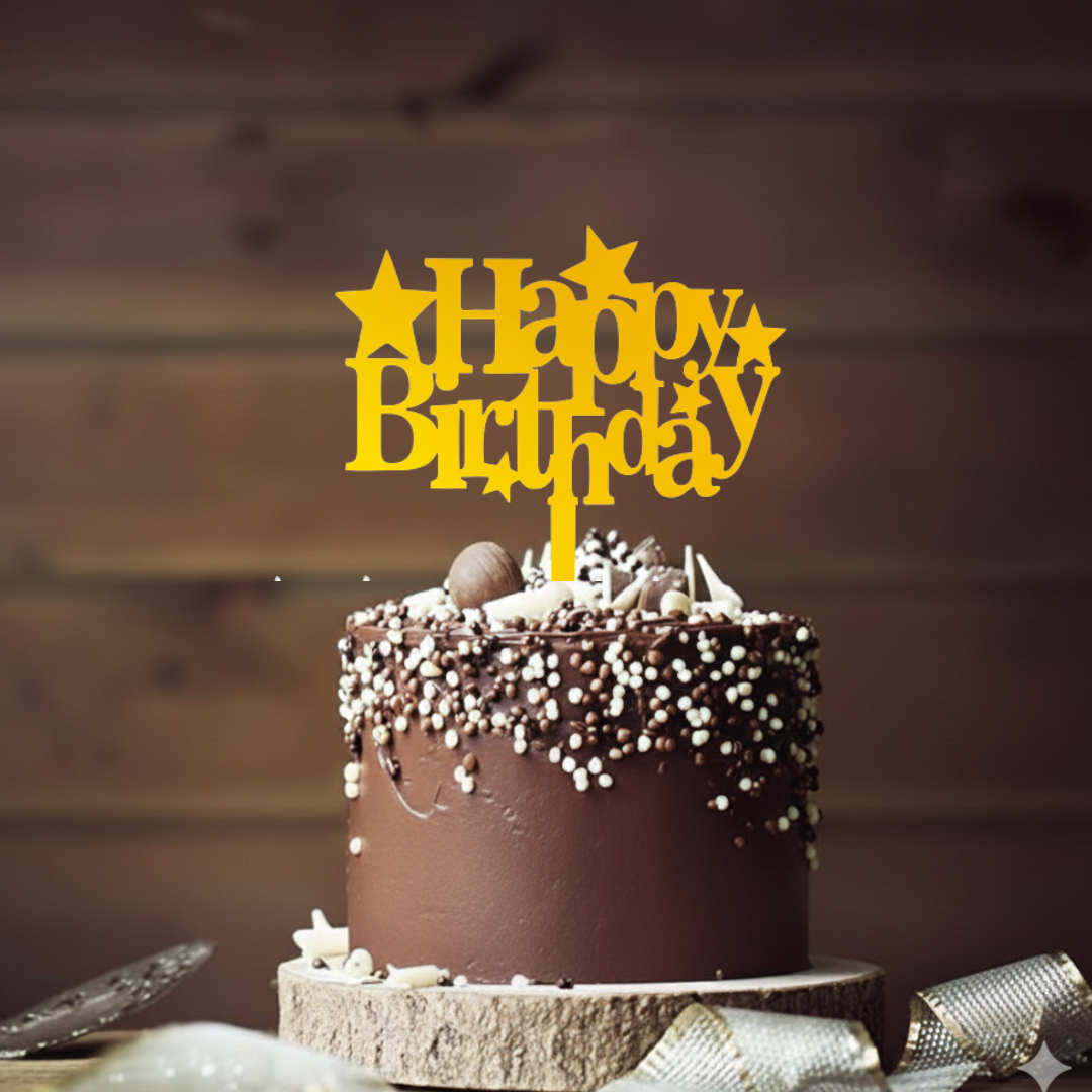HBD 010 | Happy Birthday Acrylic Cake Topper | Golden Colour | Party Cake Decoration