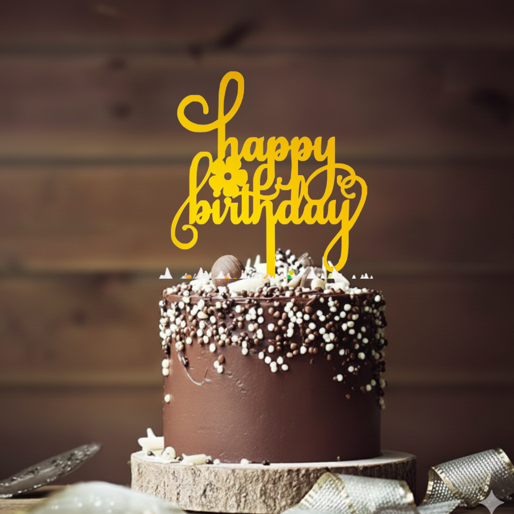 HBD 012 | Happy Birthday Acrylic Cake Topper | Golden Colour | Party Cake Decoration