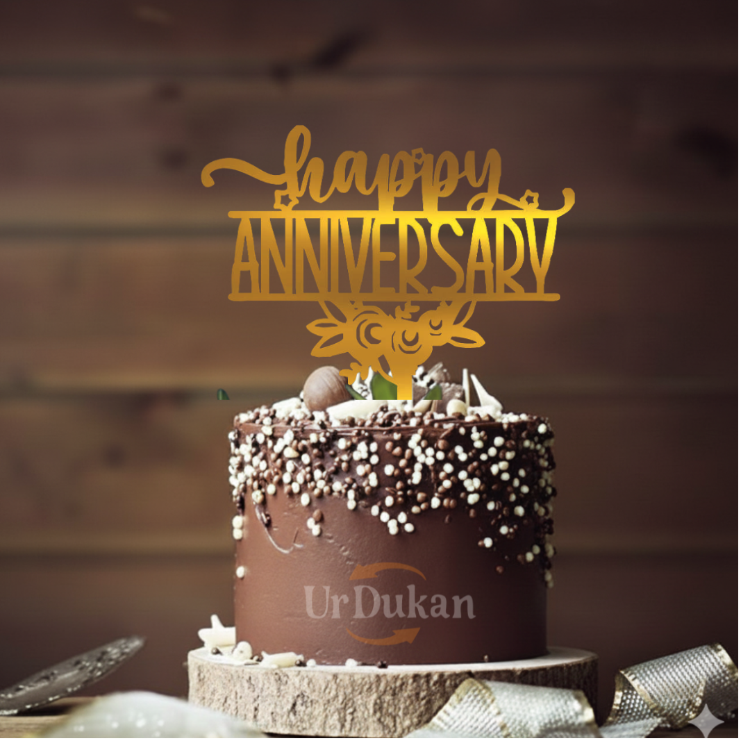 HAY06 | 5 inch Happy Anniversary Acrylic Cake Topper | Golden Colour | Party Cake Decoration