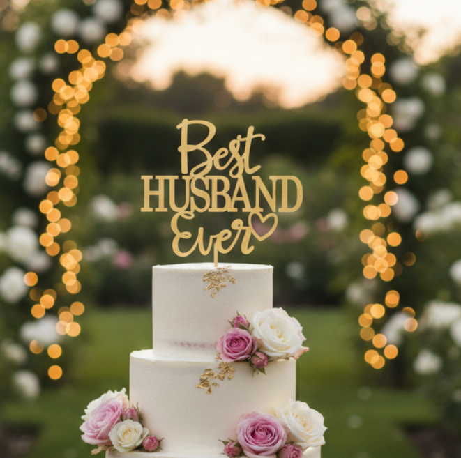 HBD32 | 5 inch Best Husband Ever Acrylic Cake Topper | Golden Colour | Party Cake Decoration