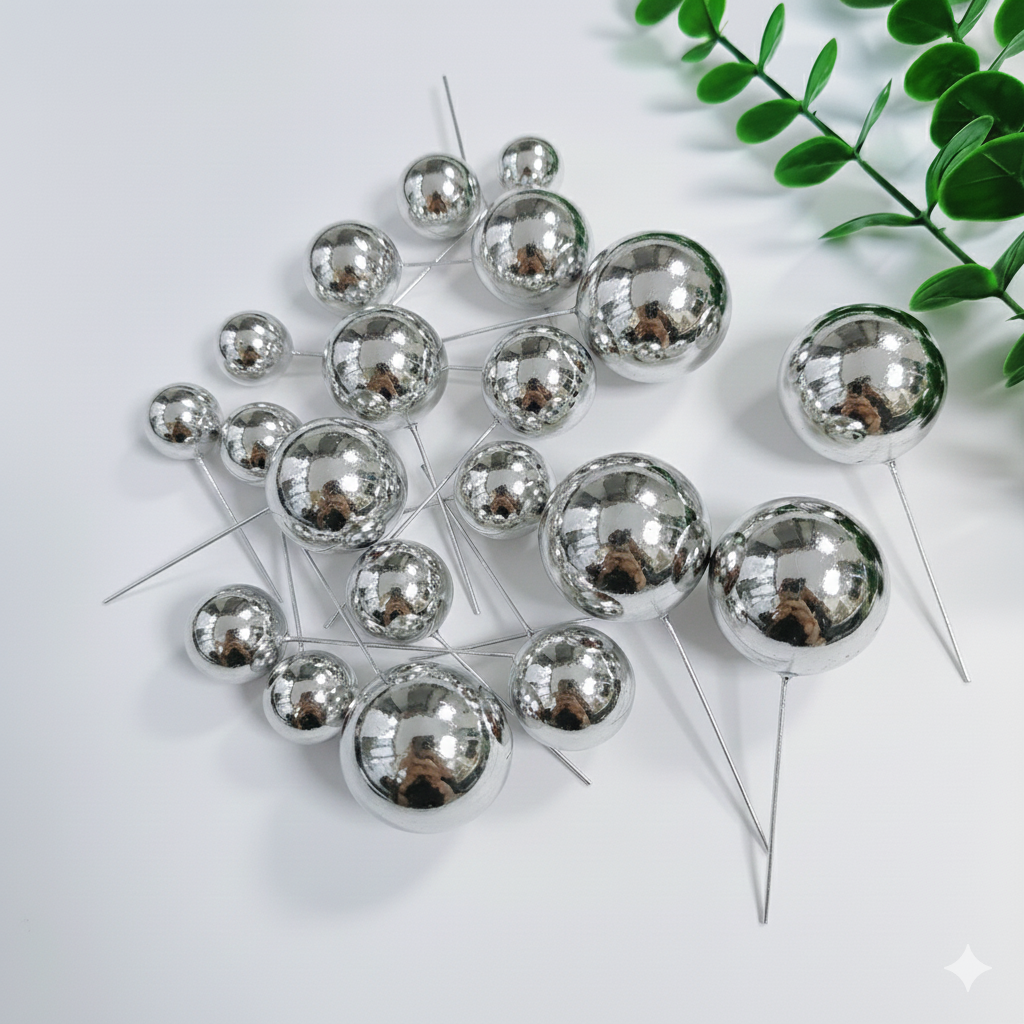 20 Pcs Silver Faux Balls for Cake Decoration – Edible-Look Cake Toppers