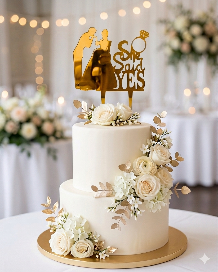 HBD49 | 5 inch She Said Yes Acrylic Cake Topper | Golden Colour | Party Cake Decoration