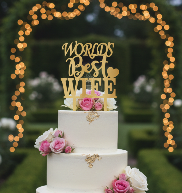 HBD36 | 5 inch Worlds Best Wife Acrylic Cake Topper | Golden Colour | Party Cake Decoration