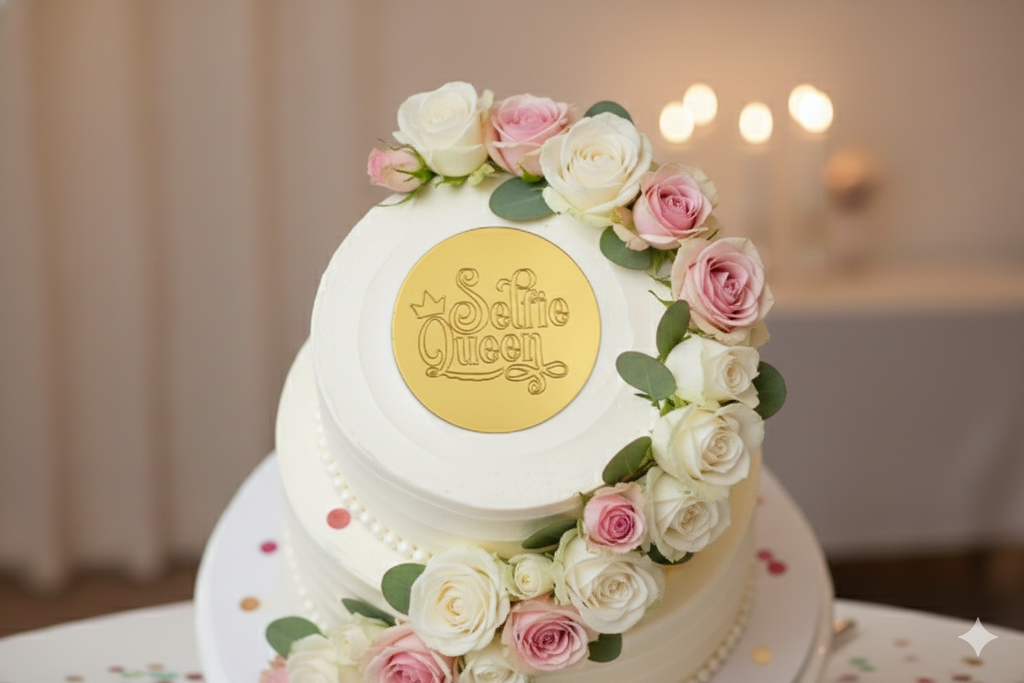 Acrylic Coin Cake Topper – Selfie Queen Design | Round Shape | Cake Decoration | Pack of 5 Pcs