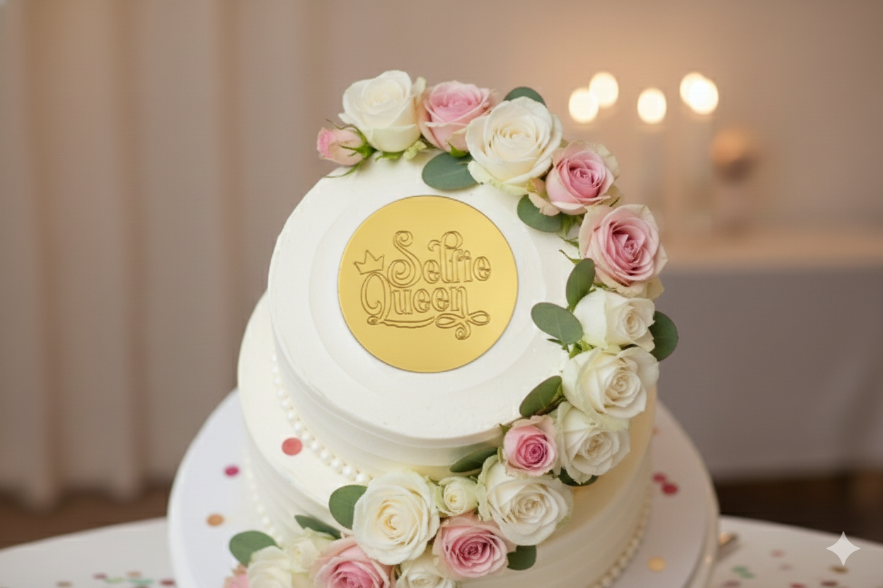 Acrylic Coin Cake Topper – Selfie Queen Design | Round Shape | Cake Decoration | Pack of 5 Pcs