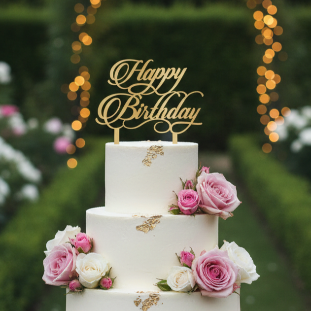 HBD33 | 5 inch Happy Birthday Acrylic Cake Topper | Golden Colour | Party Cake Decoration