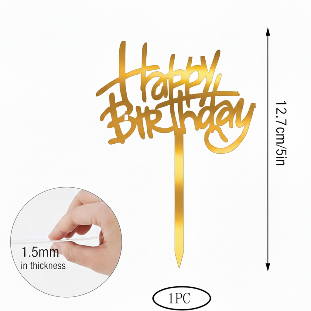 HBD 010 | Happy Birthday Acrylic Cake Topper | Golden Colour | Party Cake Decoration