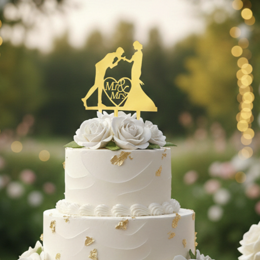HBD026 | 5 inch Happy mr and mrs  Acrylic Cake Topper | Golden Colour | Party Cake Decoration
