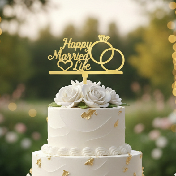 HBD025 | 5 inch Happy married life Acrylic Cake Topper | Golden Colour | Party Cake Decoration