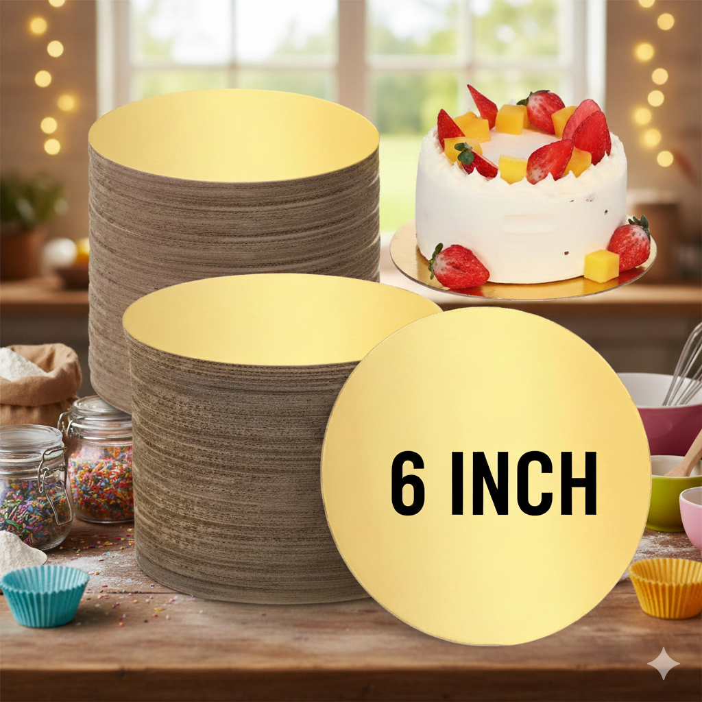 6 Inch Round MDF Cake Base – Golden Finish (Pack of 10 Pcs)