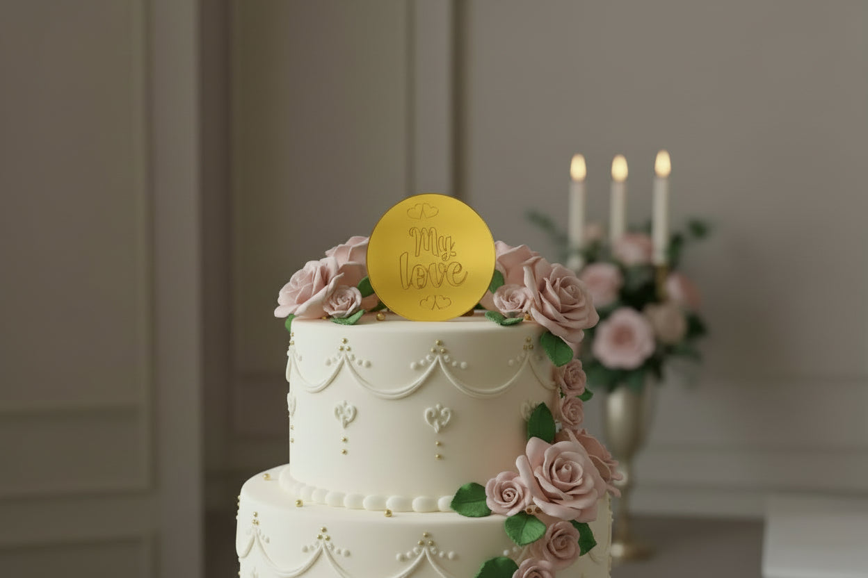 Acrylic Coin Cake Topper – “My Love” Round Design | Cake Decoration | Pack of 5 Pcs