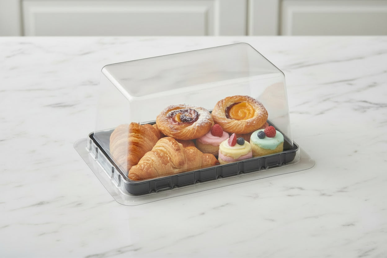 Black Rectangle Pastry Tray with Lid – 5 Pc Pack | Bakery & Cake Storage Tray