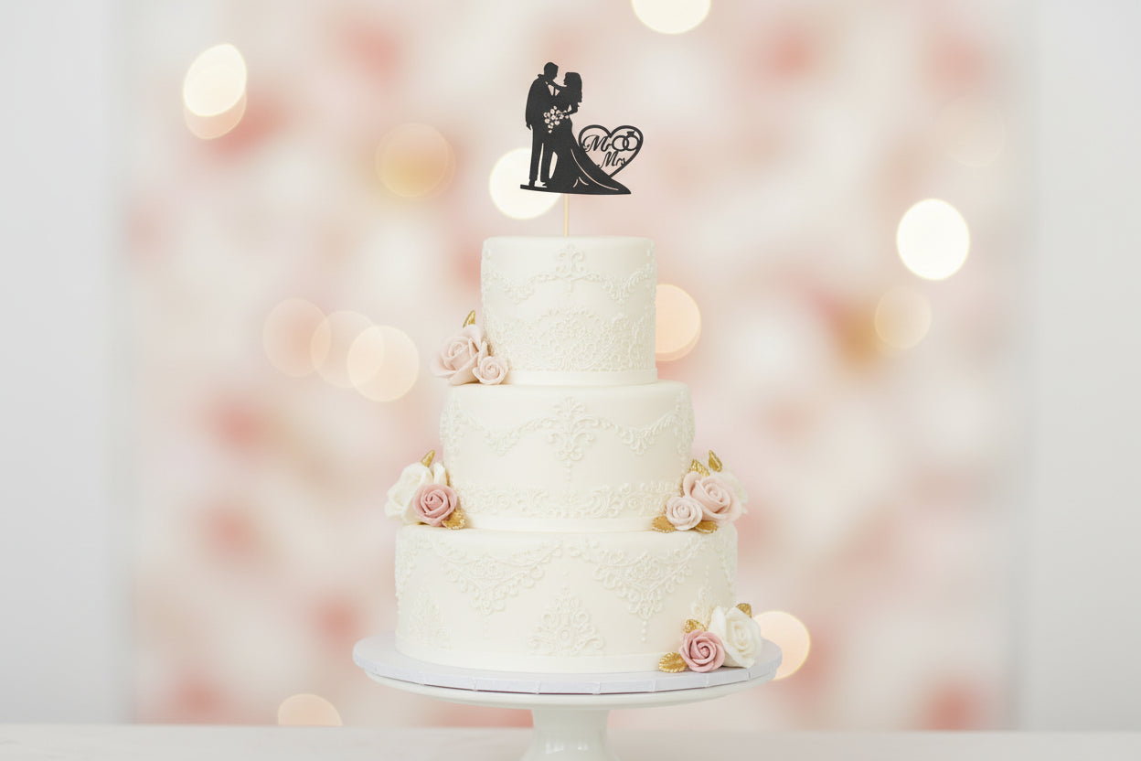 Black Mr & Mrs Glitter Cake Topper P13 | Wedding Couple Cake Topper