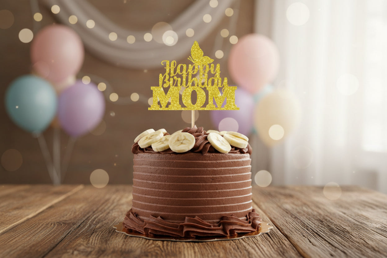 Golden Glitter Cake Topper – Happy Birthday Mom | P4 Decorative Cake Topper