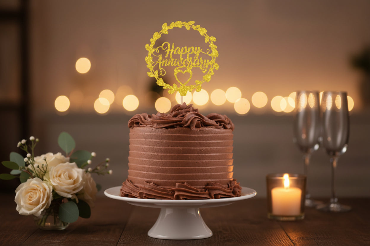 Happy Anniversary P11 Glitter Cake Topper – Golden Decorative Cake Topper