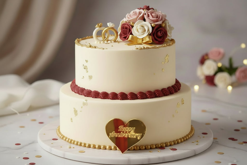 Happy Anniversary Acrylic Coin (Heart Shape) – Golden Cake Topper | Pack of 5