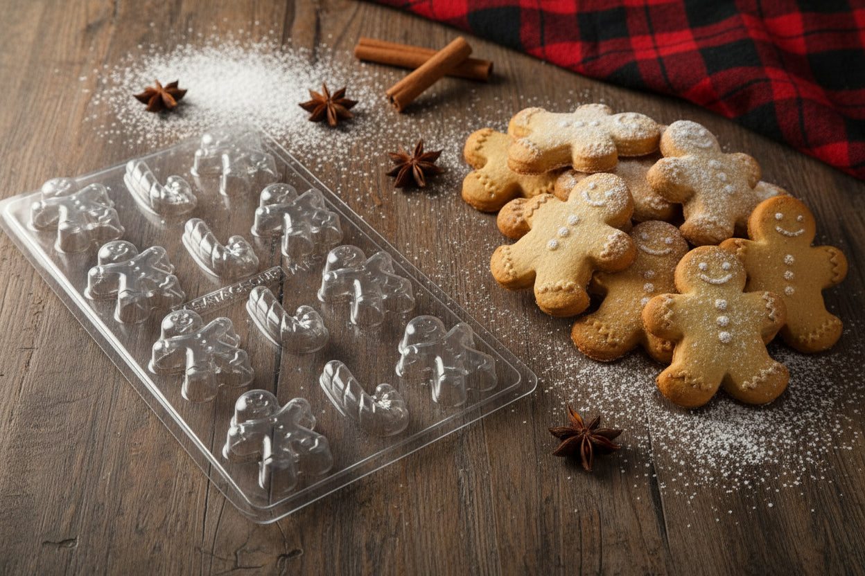 Chocolate mold with gingerbread men and numbers on a dark background