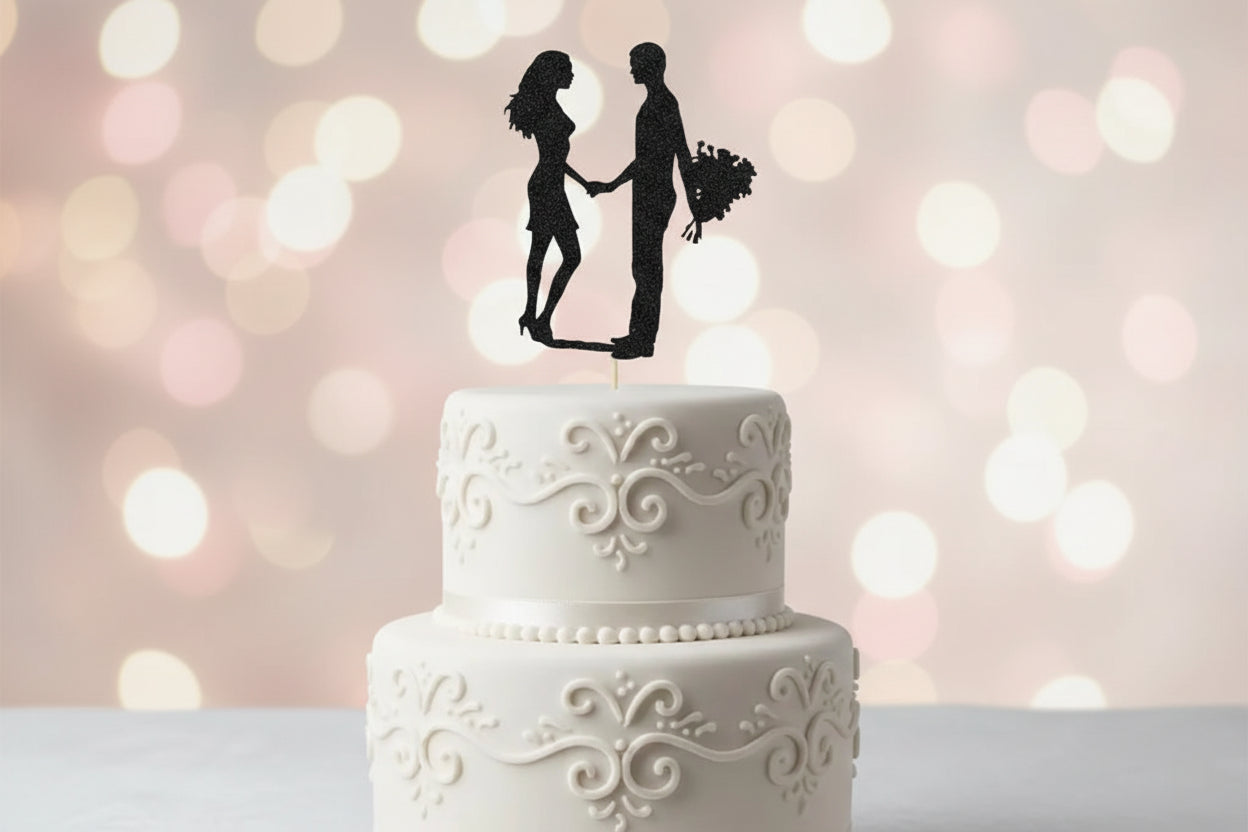 Black Glitter Couple Cake Topper C7 | Wedding & Anniversary Cake Decoration