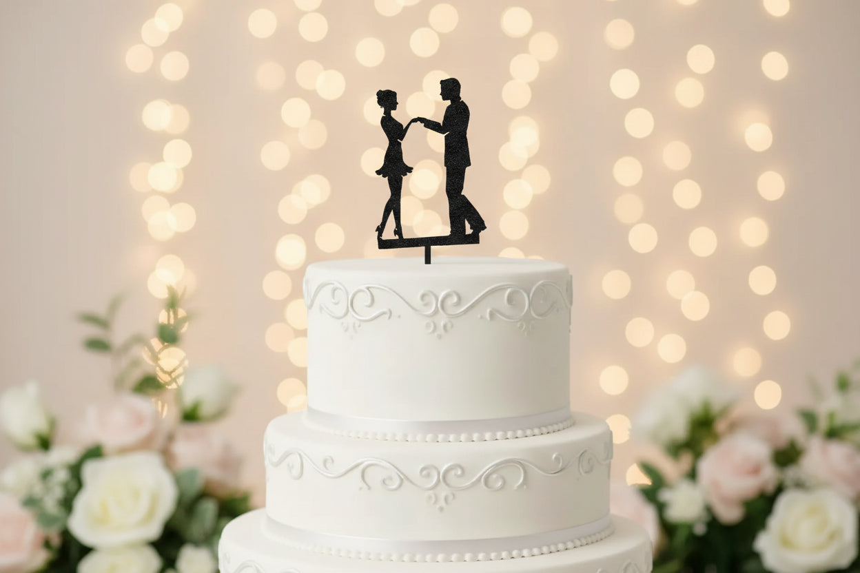 Black Glitter Couple Cake Topper C10 | Wedding & Anniversary Cake Decoration