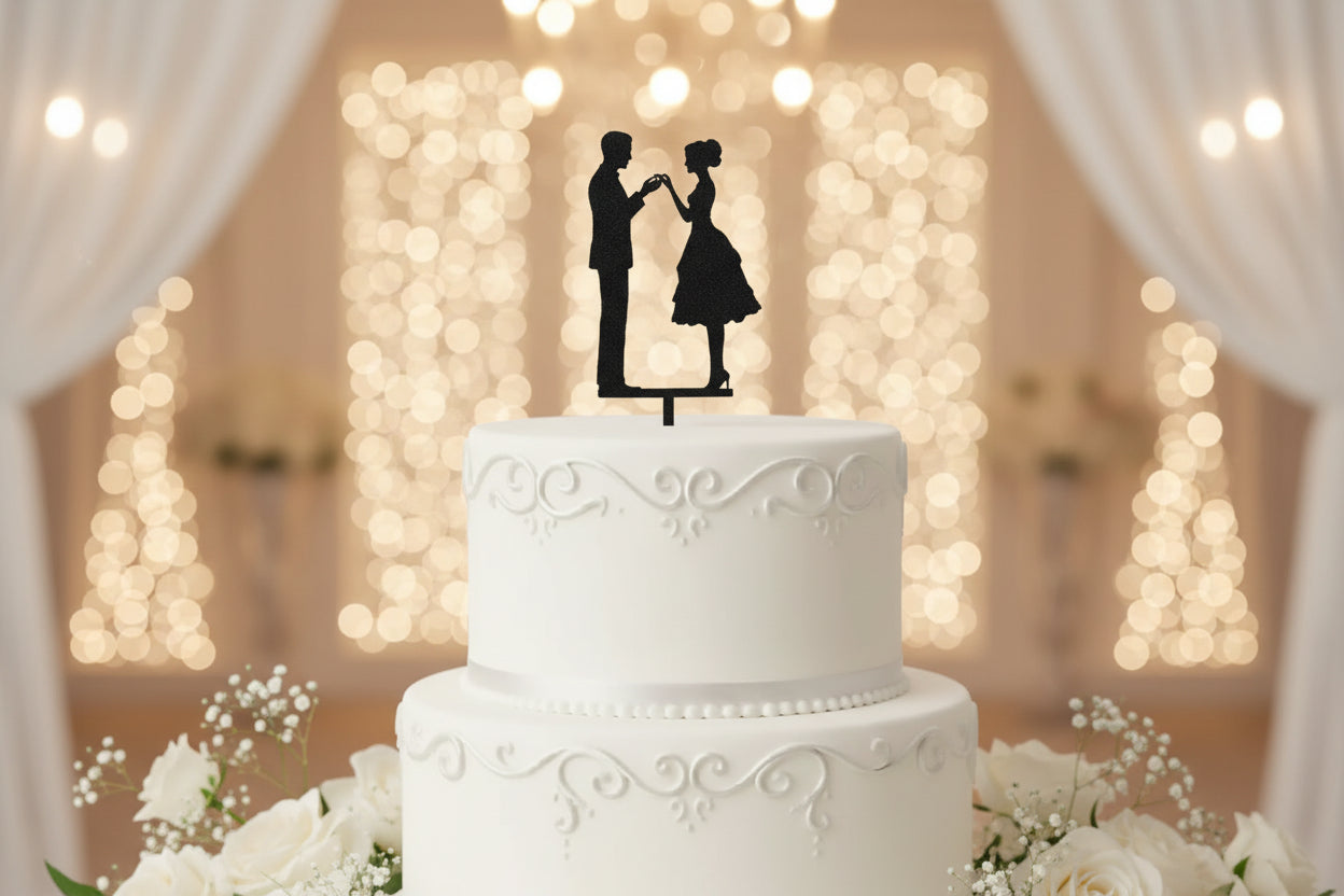 Black Glitter Couple Cake Topper C11 | Wedding & Anniversary Cake Decoration