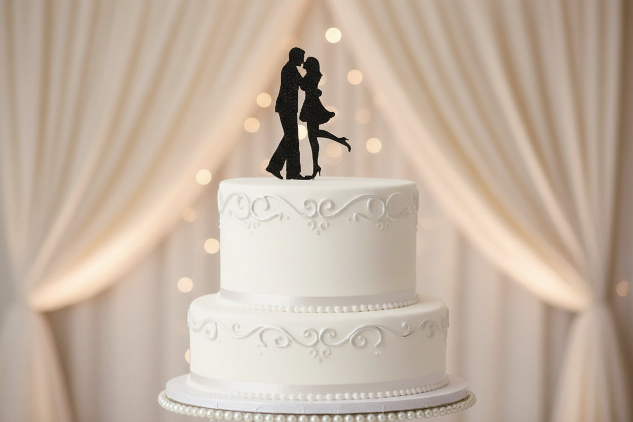 Black Glitter Couple Cake Topper C2 | Wedding & Anniversary Cake Decoration