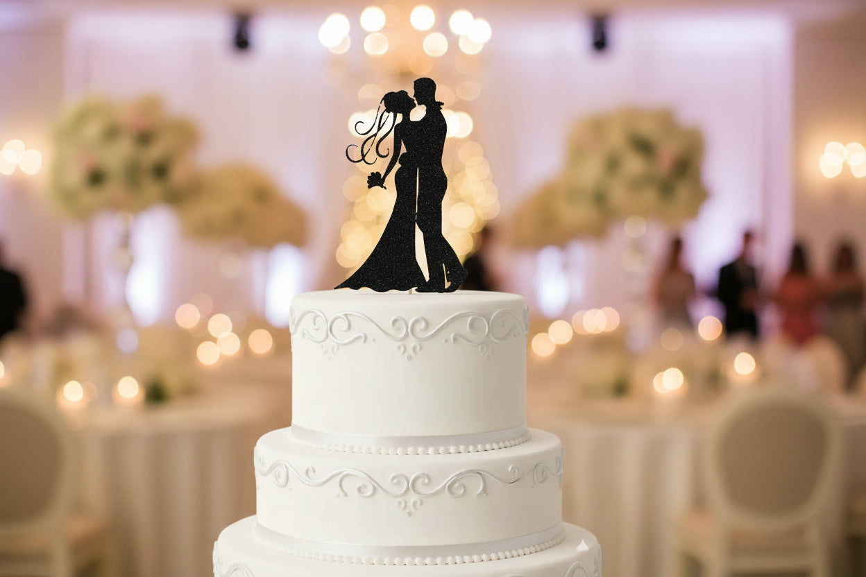 Black Glitter Couple Cake Topper C3 | Wedding & Anniversary Cake Decoration