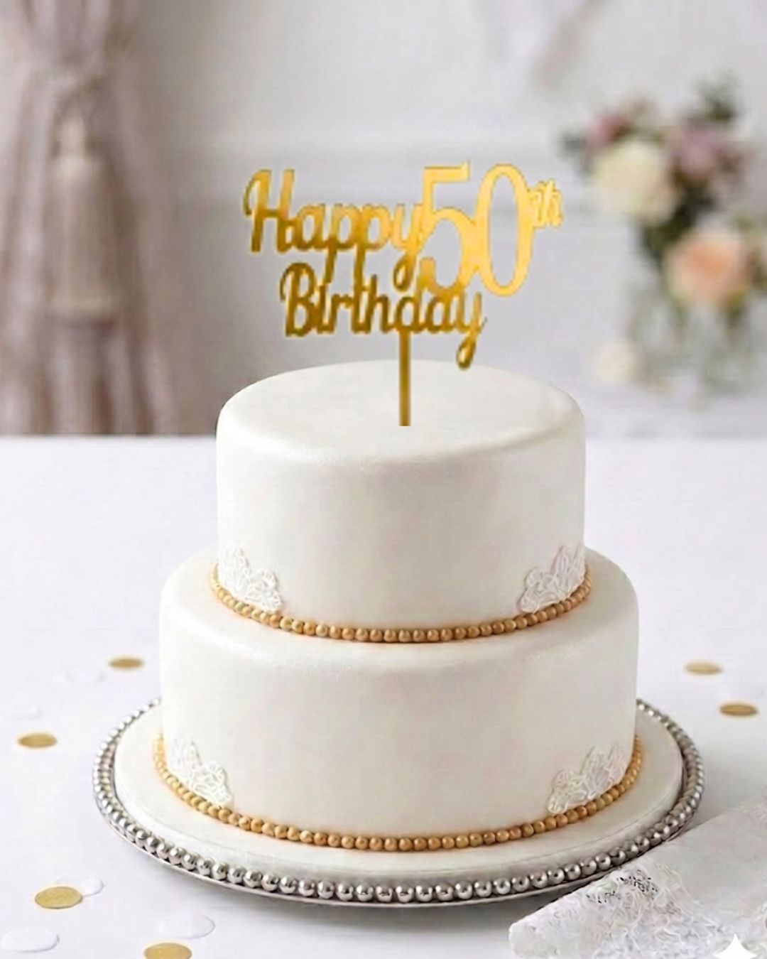 HBD62 | 5 inch Happy 50th Birthday  Acrylic Cake Topper | Golden Colour | Party Cake Decoration