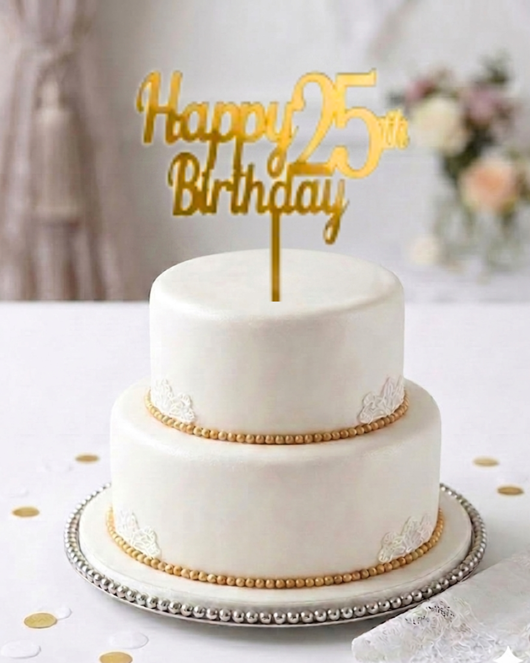 HBD63 | 5 inch Happy 25th Birthday  Acrylic Cake Topper | Golden Colour | Party Cake Decoration