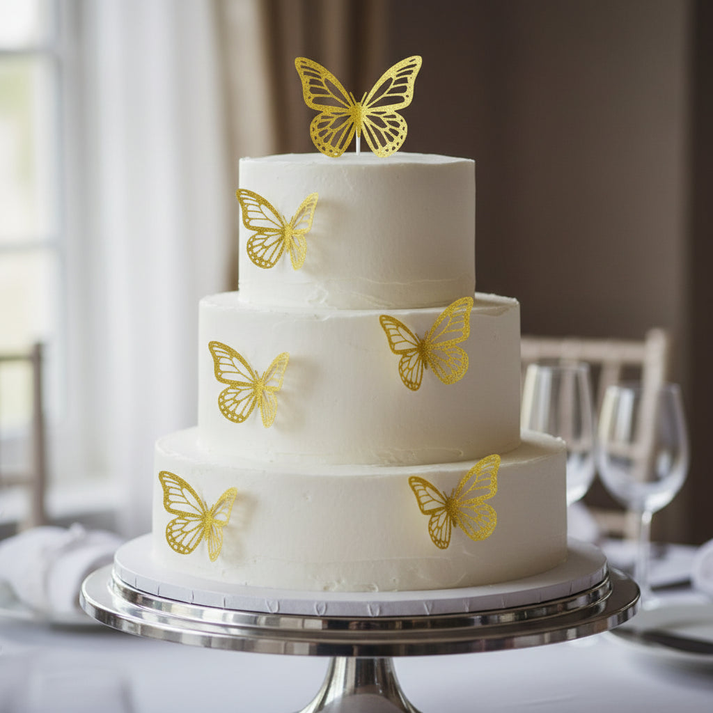 Golden Paper Butterfly Decorations – 10 pcs | Non-Edible Cake Toppers