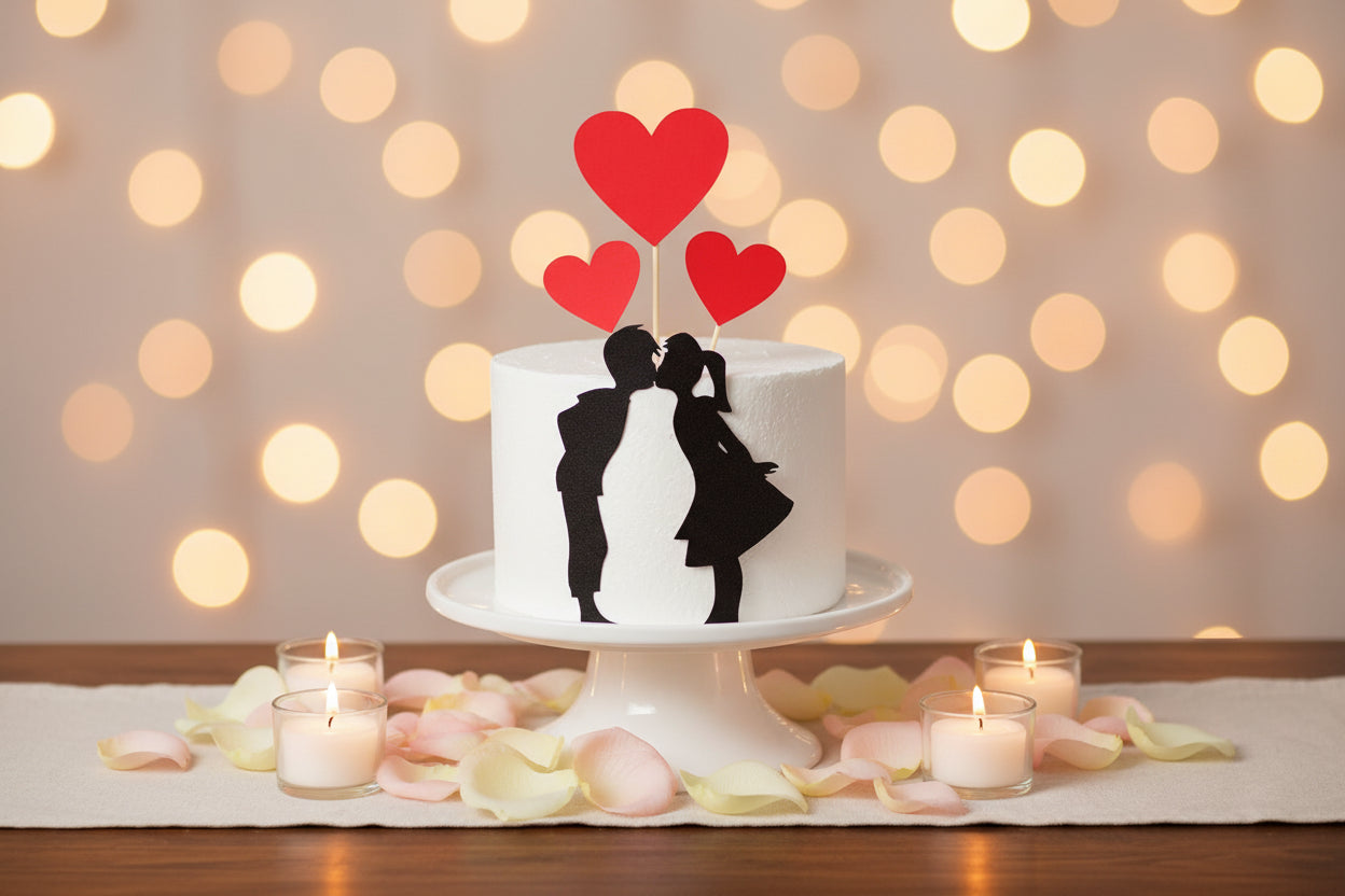 Small white cake with black silhouettes of a couple and red heart-shaped toppers on a white background.