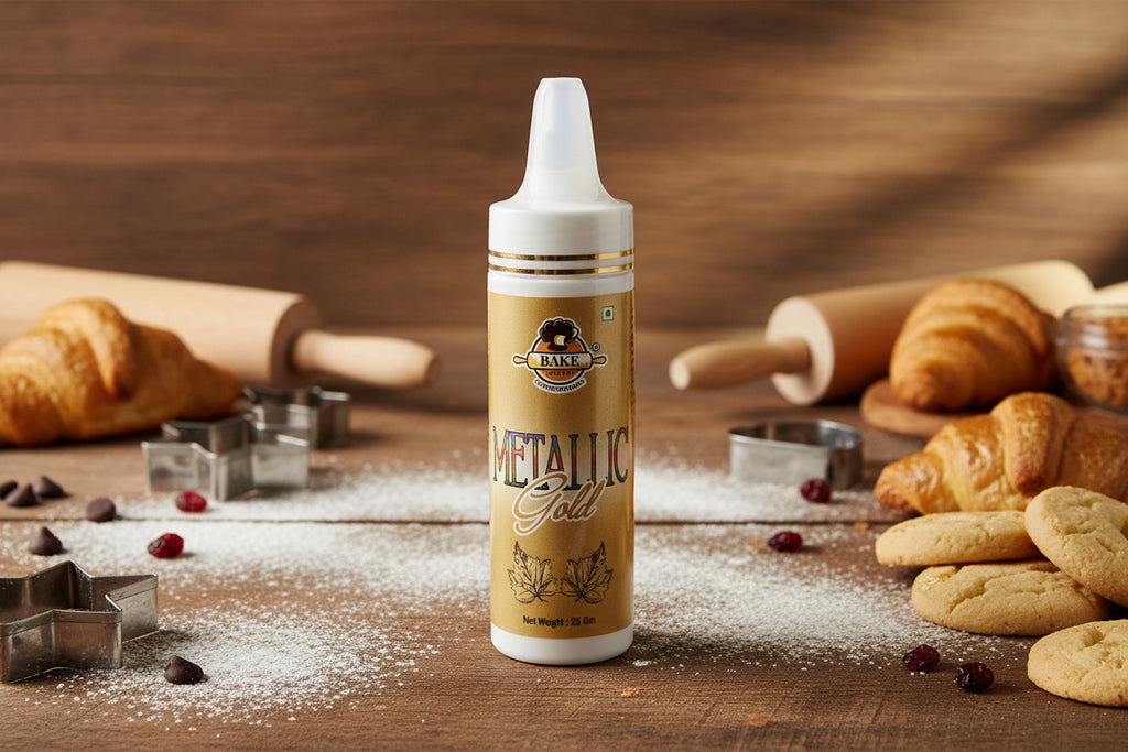 Bottle of metallic gold paint with a white cap on a white background